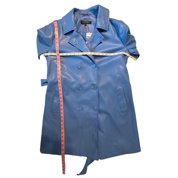 Colleen Lopez Cornflower Blue Faux Leather Coat Ruffle Cuffs Pockets Sz L NEW - Picture 7 of 7